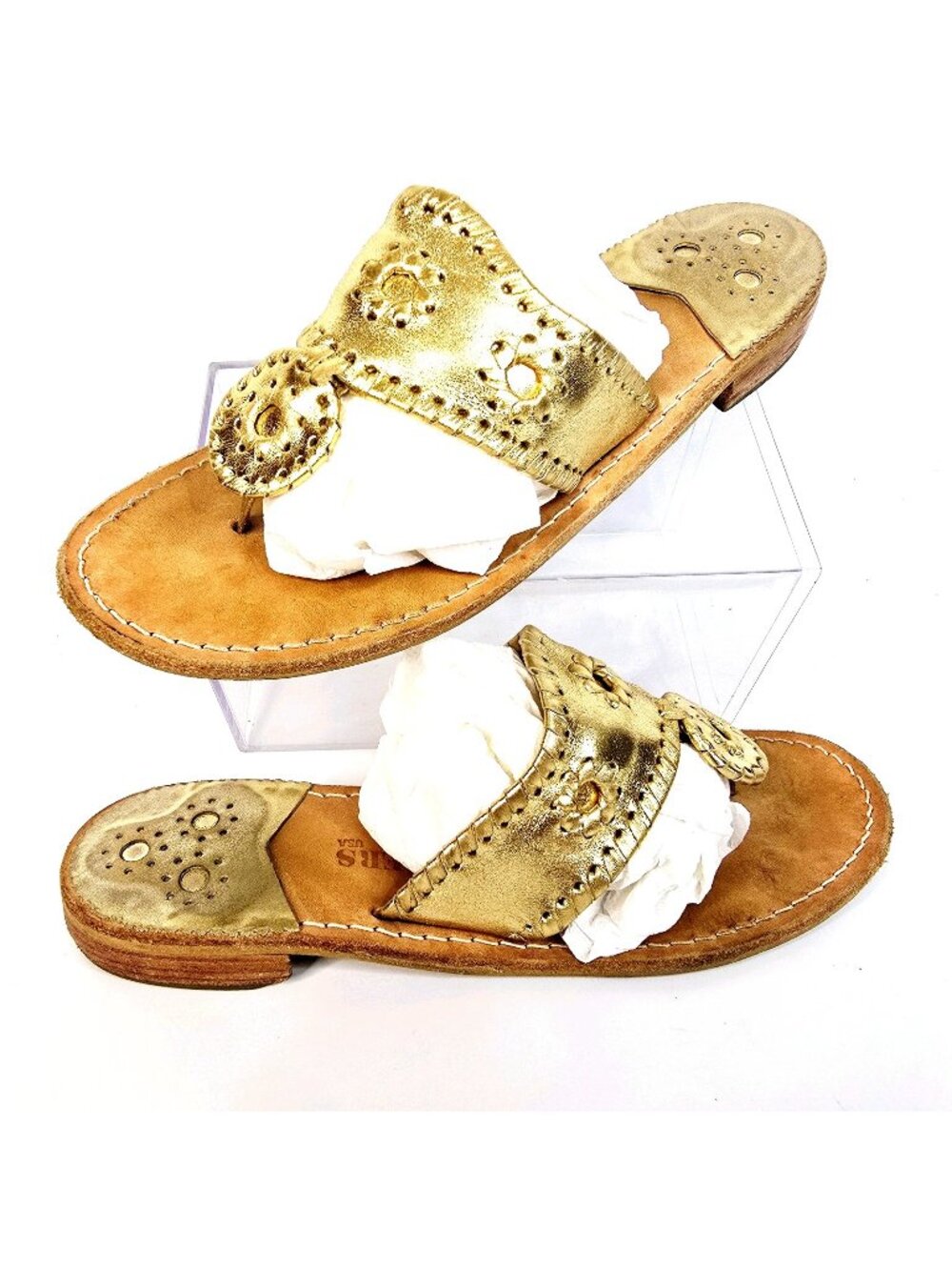 Jack Rogers Hamptons Thong Sandals Gold Leather Whipstich Women’s Size 9M